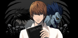 This represents Light Yagami with the Death Note